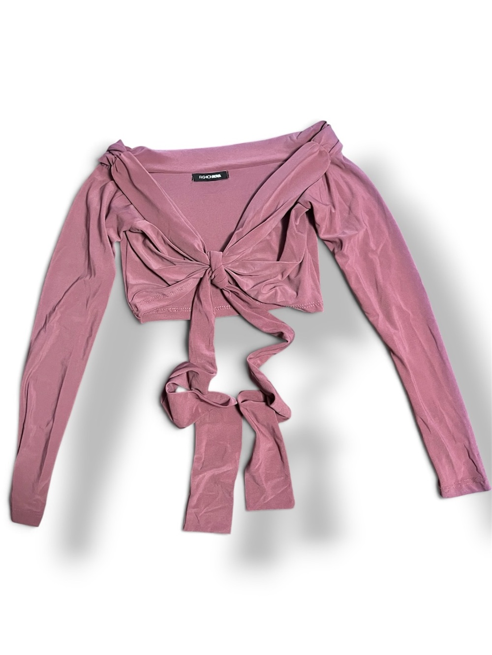 Fashion Nova Dusty Rose Tie-Front Long Sleeve Crop Top
